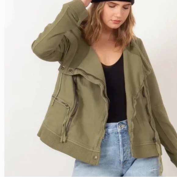 Free People Carmen Cotton Moto Jacket Hooded Green NWT Size Small - Picture 10 of 14